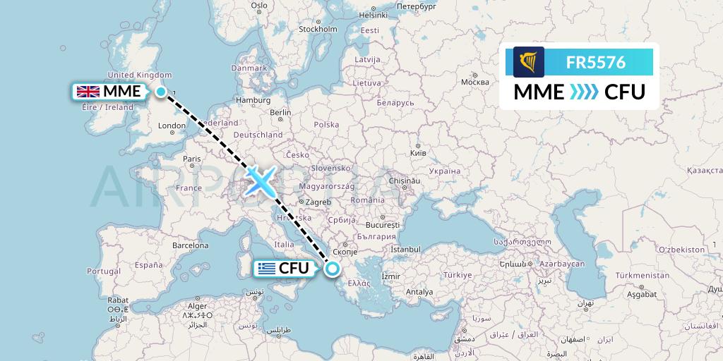FR5576 Ryanair Flight Map: Darlington to Corfu