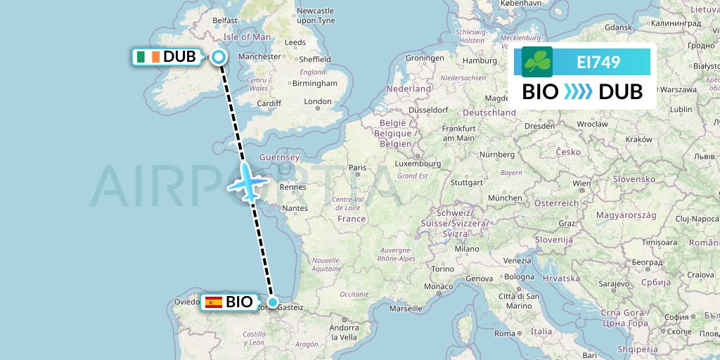 EI749 Aer Lingus Flight Map: Bilbao to Dublin