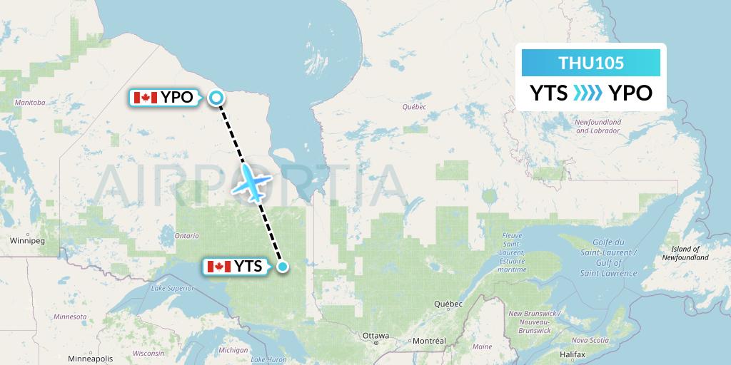 THU105 Thunder Airlines Flight Map: Timmins to Peawanuck