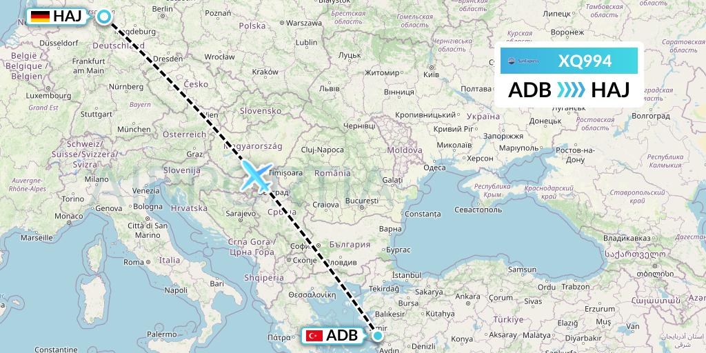 XQ994 SunExpress Flight Map: Izmir to Hannover