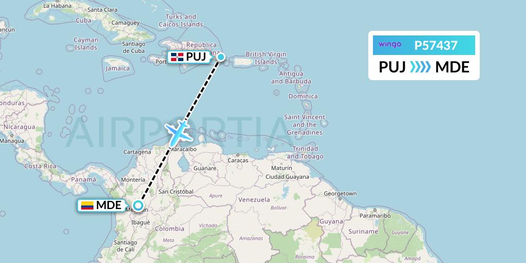 P57437 Copa Airlines Colombia Flight Map: Punta Cana to Medellin