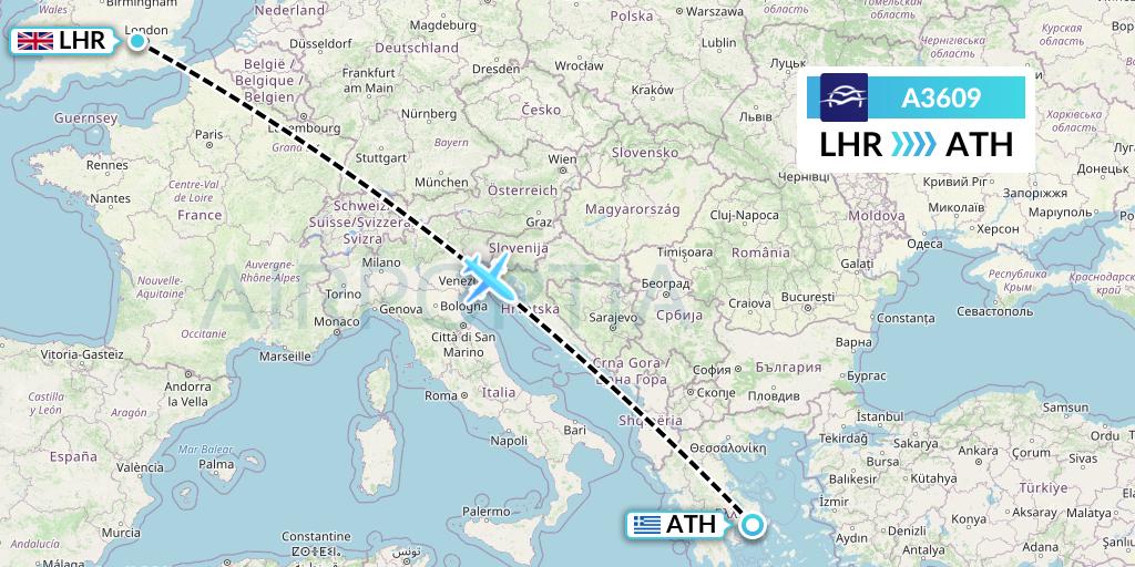 A3609 Aegean Airlines Flight Map: London to Athens