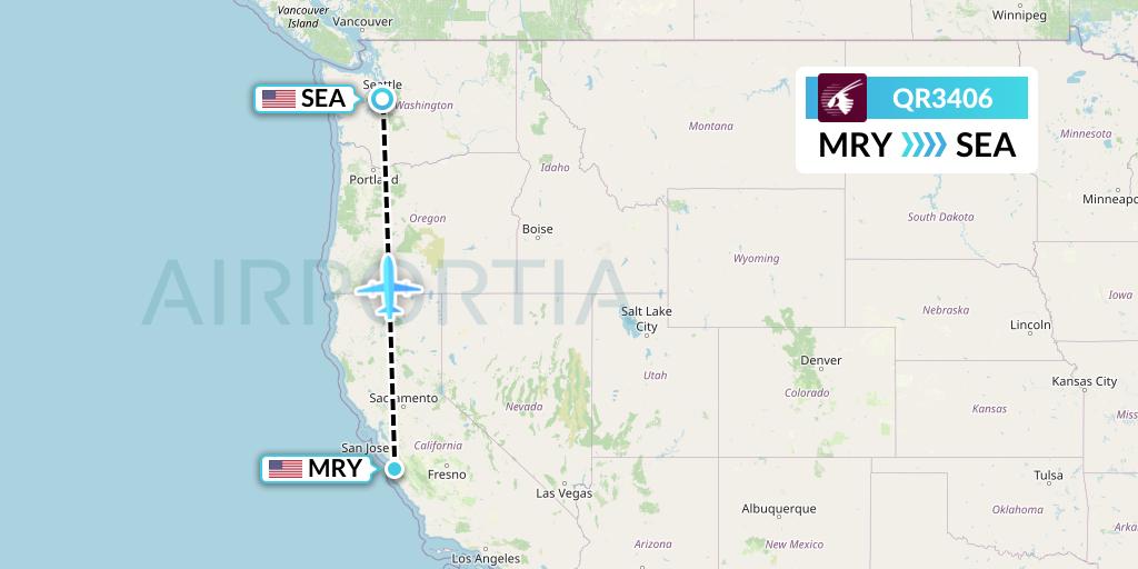 QR3406 Qatar Airways Flight Map: Monterey to Seattle