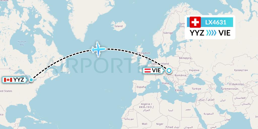 LX4631 Swiss Flight Map: Toronto to Vienna