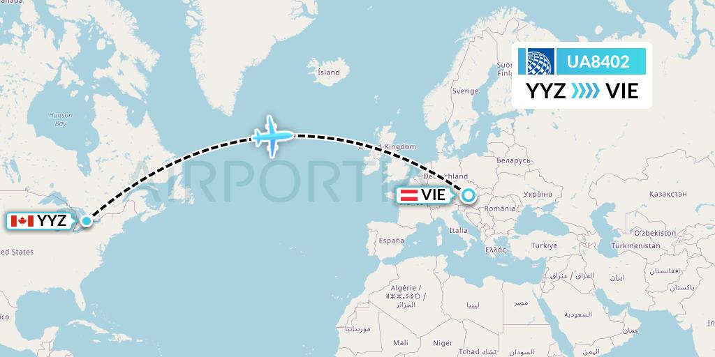 UA8402 United Airlines Flight Map: Toronto to Vienna