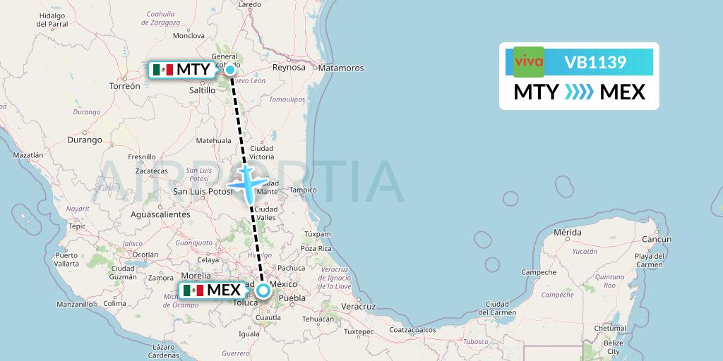 VB1139 VivaAerobus Flight Map: Monterrey to Mexico City