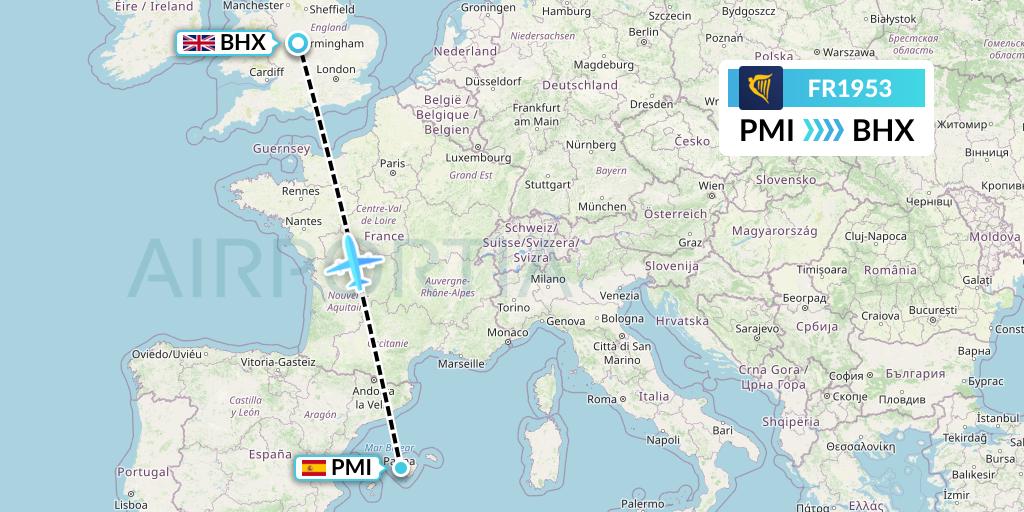 FR1953 Ryanair Flight Map: Palma de Mallorca to Birmingham