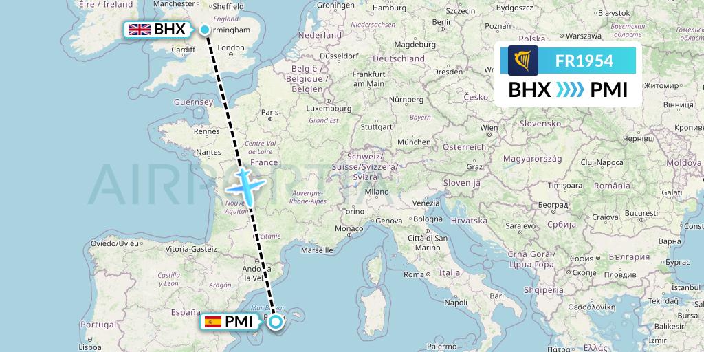 FR1954 Ryanair Flight Map: Birmingham to Palma de Mallorca