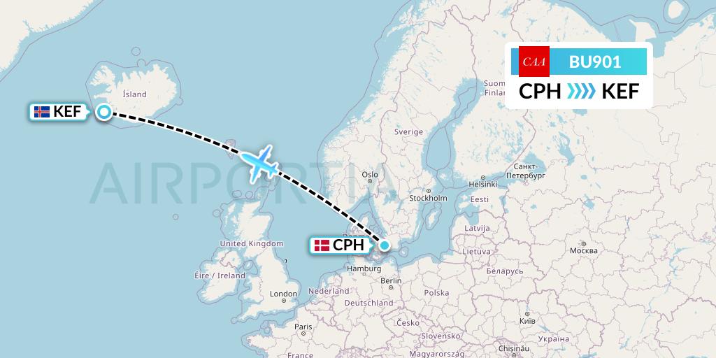 BU901 flyCAA Flight Map: Copenhagen to Reykjavik