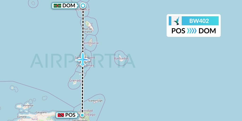 BW402 Caribbean Airlines Flight Map: Port of Spain to Dominica