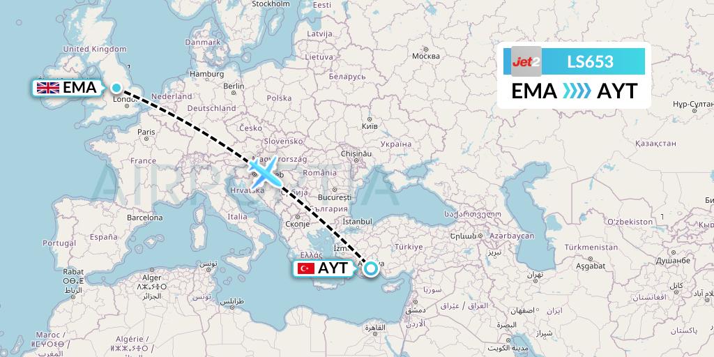 LS653 Jet2 Flight Map: East Midlands to Antalya