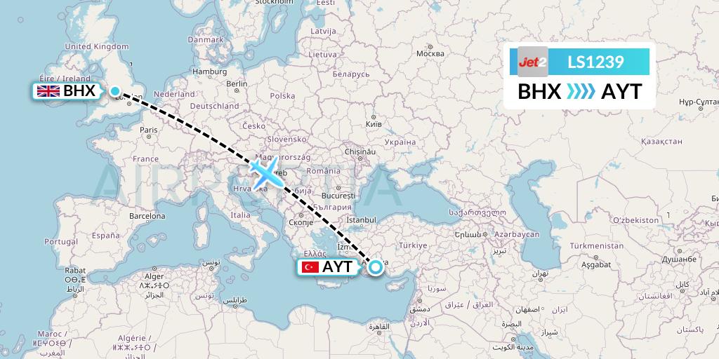 LS1239 Jet2 Flight Map: Birmingham to Antalya