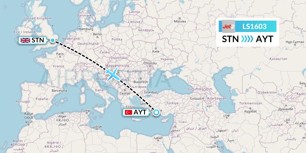 LS1603 Jet2 Flight Map: London to Antalya