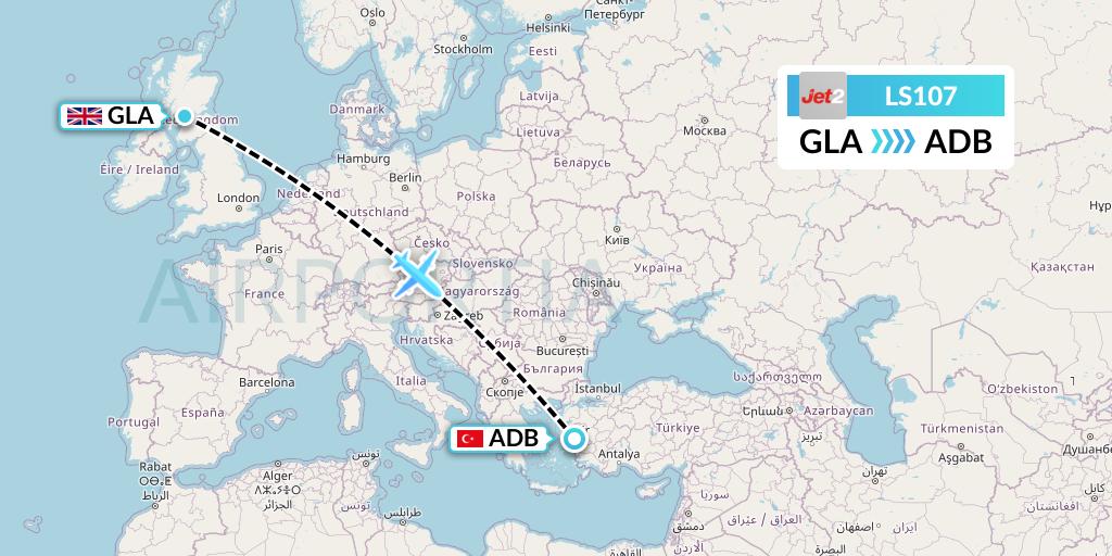 LS107 Jet2 Flight Map: Glasgow to Izmir