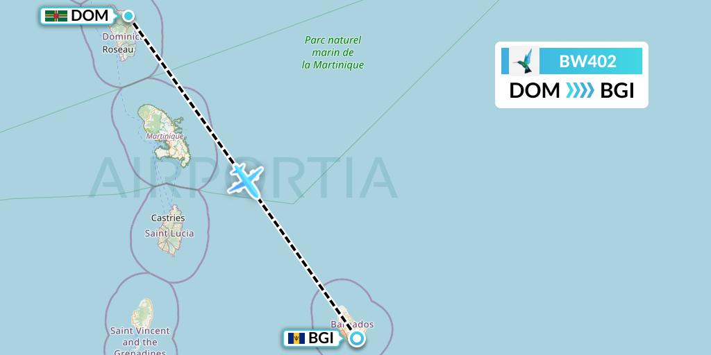 BW402 Caribbean Airlines Flight Map: Dominica to Bridgetown
