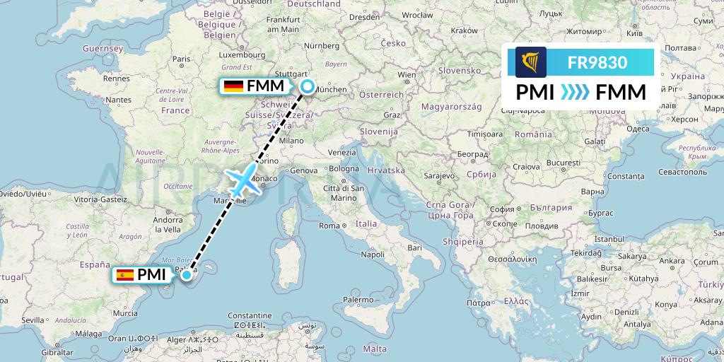 FR9830 Ryanair Flight Map: Palma de Mallorca to Memmingen