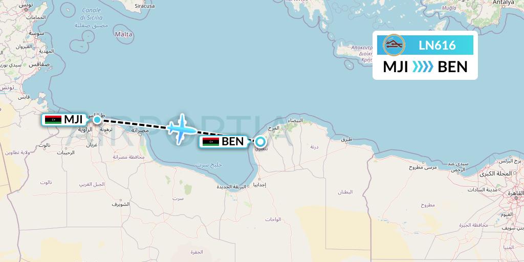 LN616 Libyan Airlines Flight Map: Tripoli to Benghazi