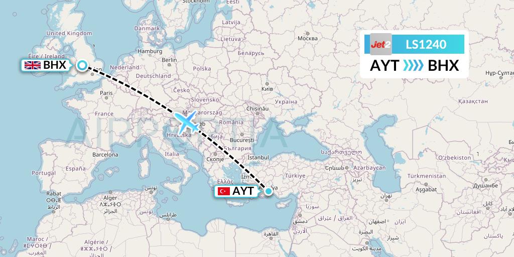 LS1240 Jet2 Flight Map: Antalya to Birmingham