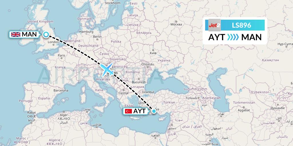 LS896 Jet2 Flight Map: Antalya to Manchester