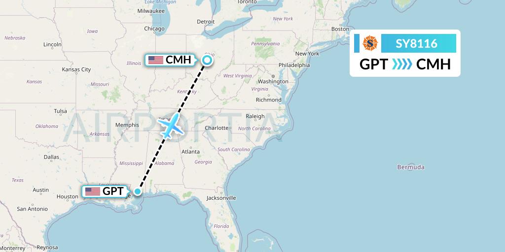 SY8116 Sun Country Airlines Flight Map: Gulfport to Columbus
