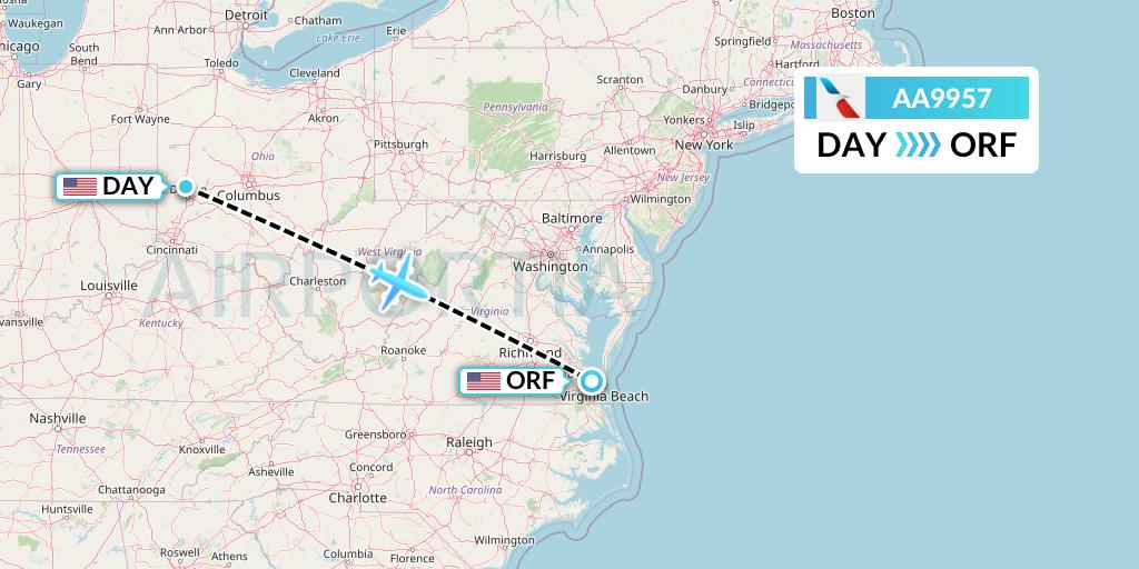 AA9957 American Airlines Flight Map: Dayton to Norfolk