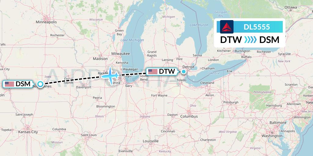 DL5555 Delta Air Lines Flight Map: Detroit to Des Moines