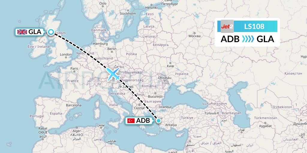 LS108 Jet2 Flight Map: Izmir to Glasgow