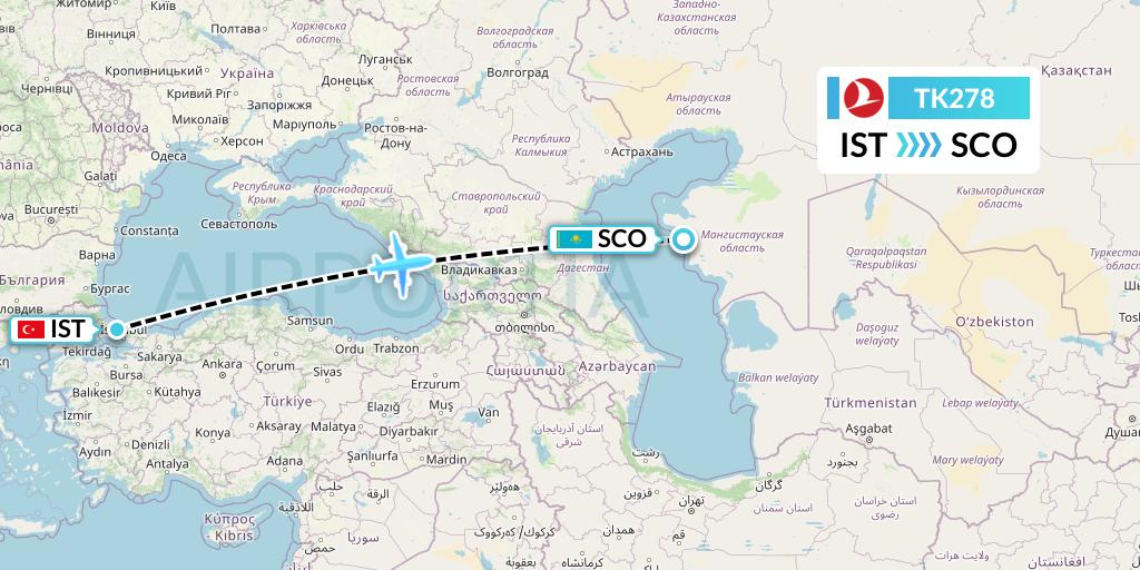 TK278 Turkish Airlines Flight Map: Istanbul to Aktau