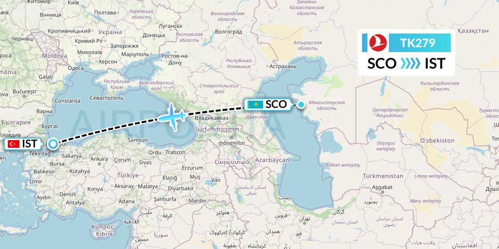 TK279 Turkish Airlines Flight Map: Aktau to Istanbul