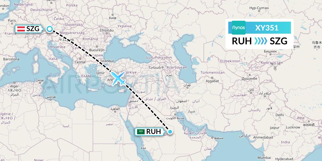 XY351 Flynas Flight Map: Riyadh to Salzburg