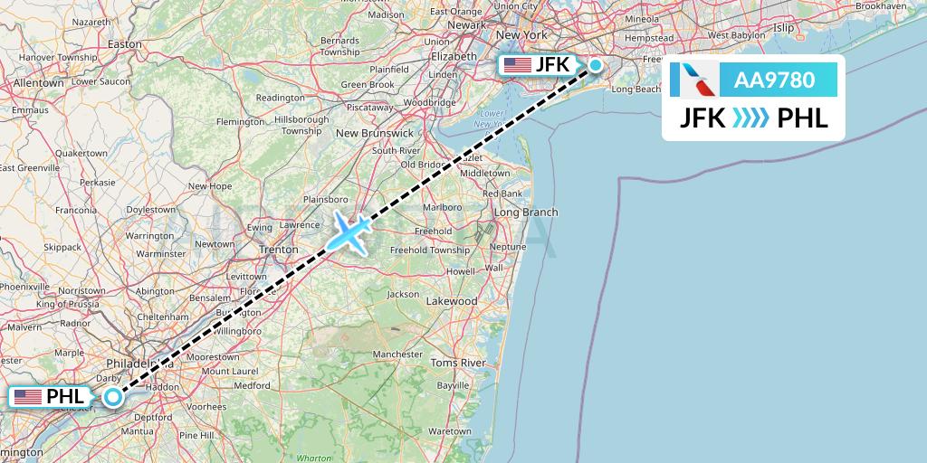 AA9780 American Airlines Flight Map: New York to Philadelphia
