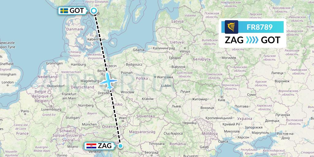 FR8789 Ryanair Flight Map: Zagreb to Gothenburg