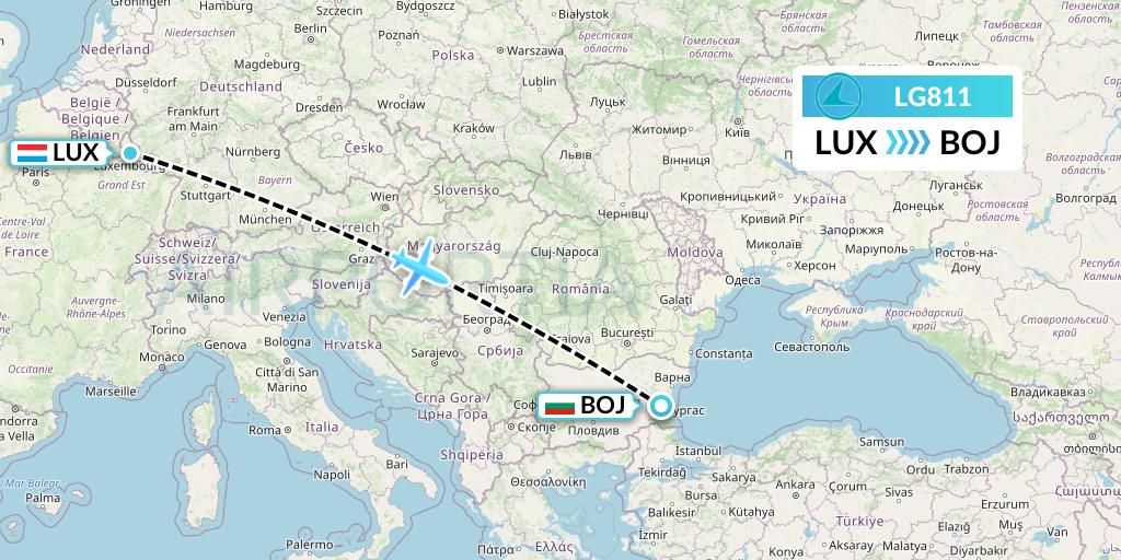 LG811 Luxair Flight Map: Luxembourg to Burgas
