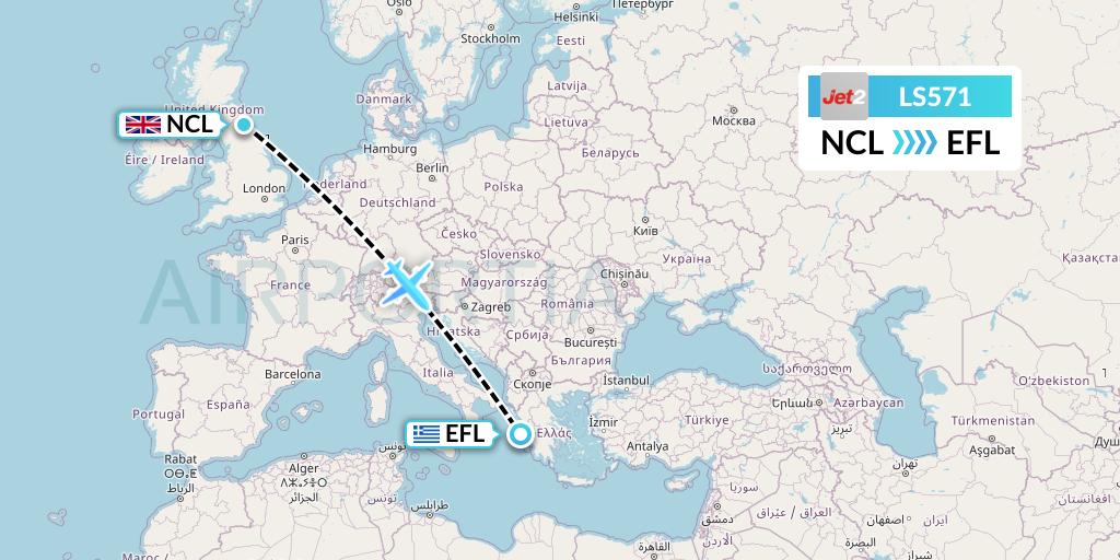 LS571 Jet2 Flight Map: Newcastle to Kefalonia