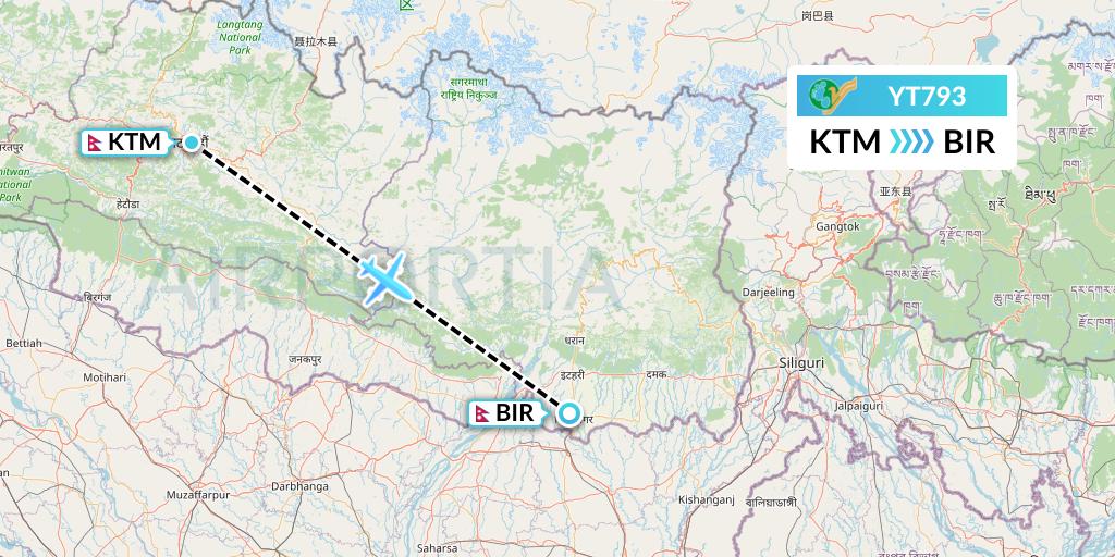 YT793 Yeti Airlines Flight Map: Kathmandu to Biratnagar