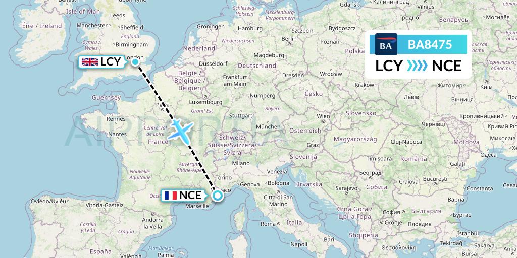 BA8475 British Airways Flight Map: London to Nice