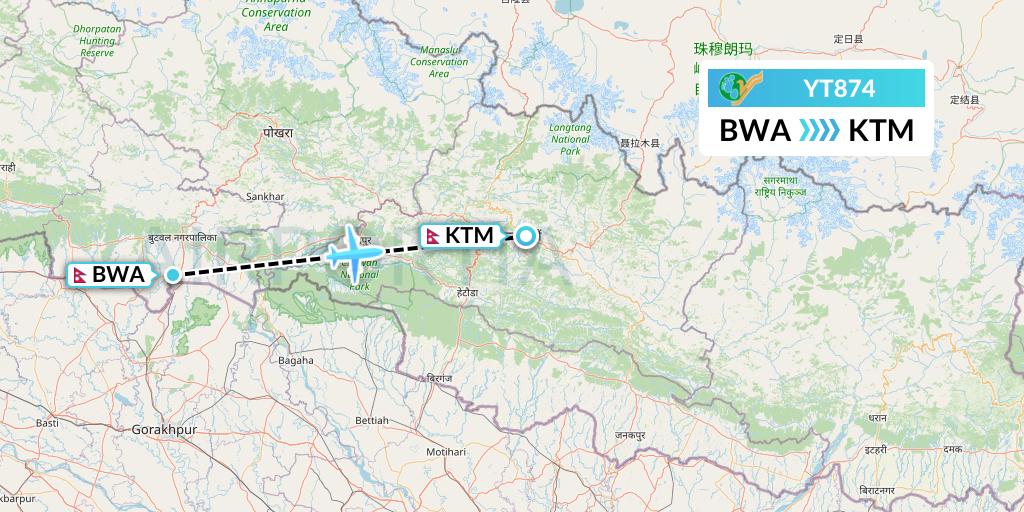 YT874 Yeti Airlines Flight Map: Bhairawa to Kathmandu