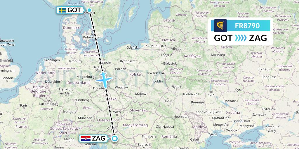FR8790 Ryanair Flight Map: Gothenburg to Zagreb