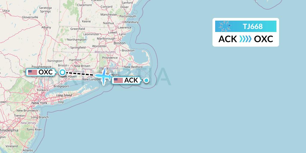 TJ668 Tradewind Aviation Flight Map: Nantucket to Oxford