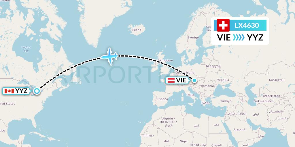 LX4630 Swiss Flight Map: Vienna to Toronto