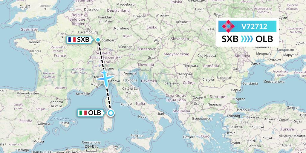 V72712 Volotea Flight Map: Strasbourg to Olbia