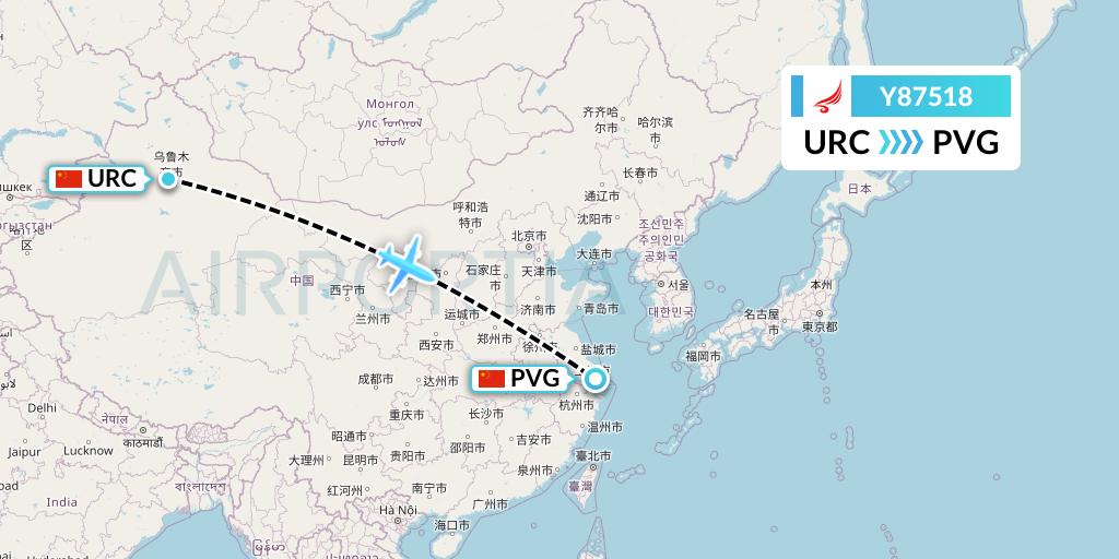 Y87518 Yangtze River Express Flight Map: Urumqi to Shanghai