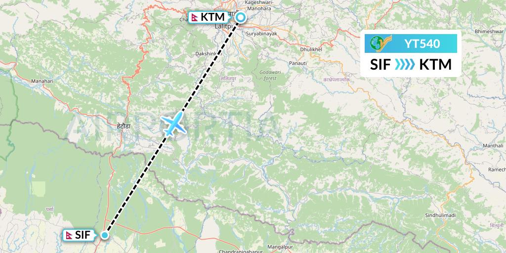 YT540 Yeti Airlines Flight Map: Simara to Kathmandu