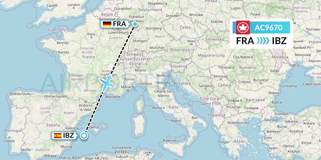 AC9670 Air Canada Flight Map: Frankfurt to Ibiza