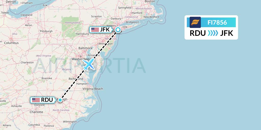 FI7856 Icelandair Flight Map: Raleigh-Durham to New York