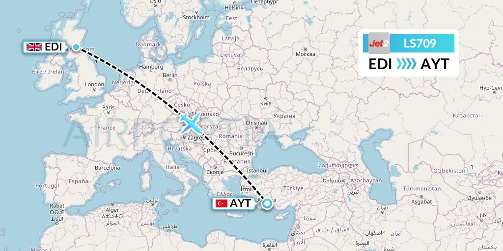 LS709 Jet2 Flight Map: Edinburgh to Antalya
