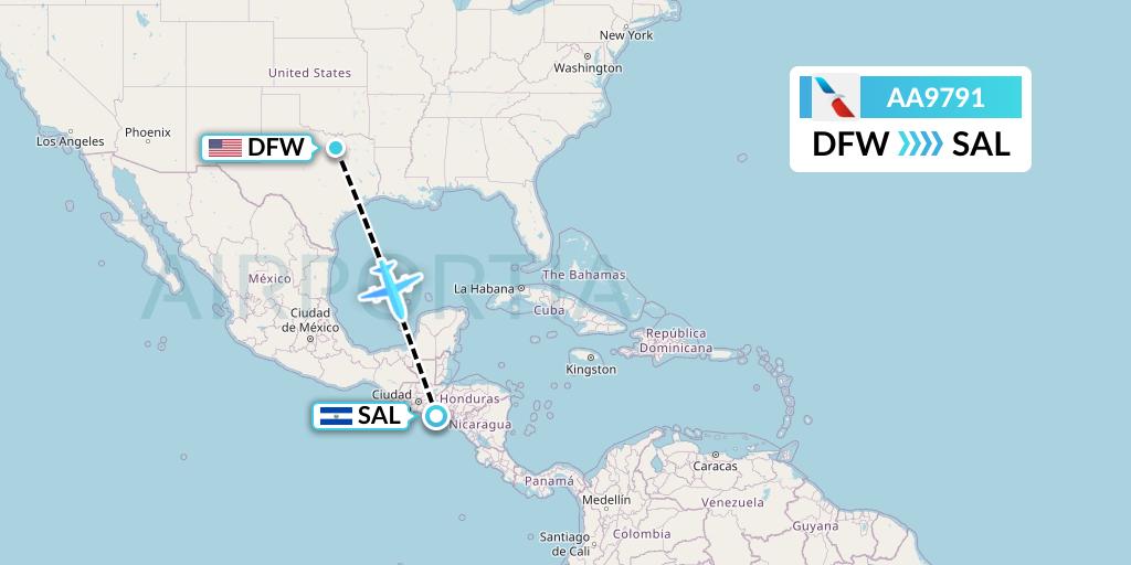 AA9791 American Airlines Flight Map: Dallas to San Salvador