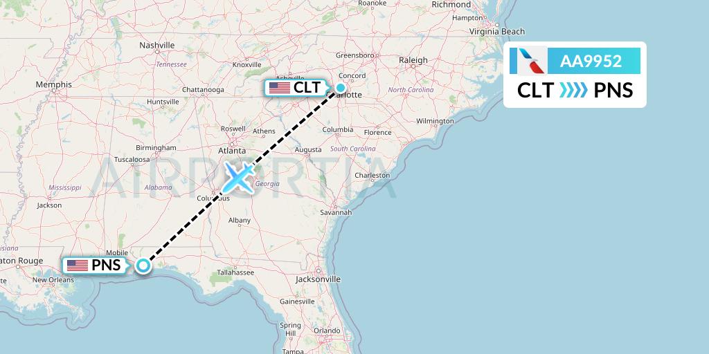 AA9952 American Airlines Flight Map: Charlotte to Pensacola