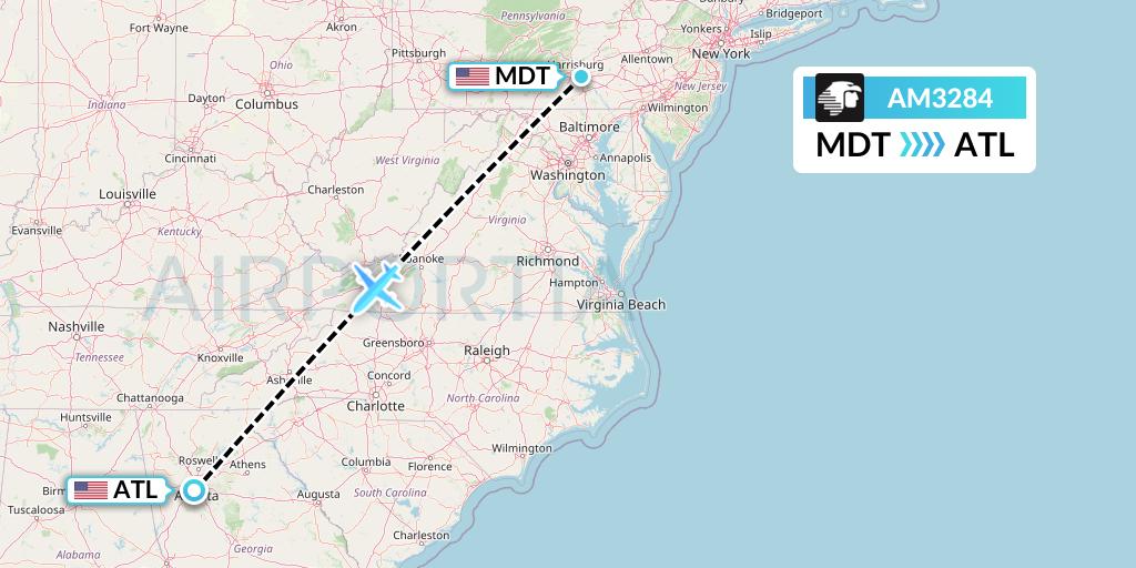 AM3284 Aeromexico Flight Map: Harrisburg to Atlanta