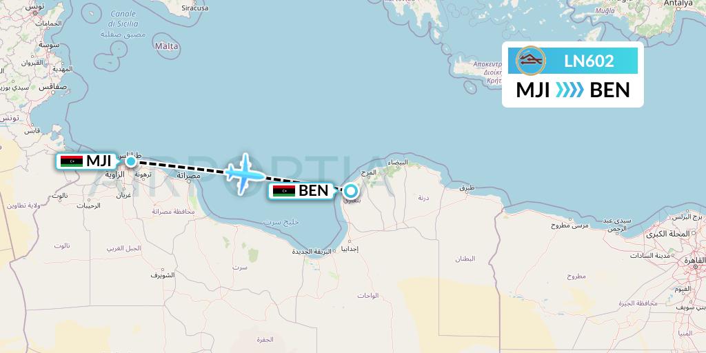 LN602 Libyan Airlines Flight Map: Tripoli to Benghazi